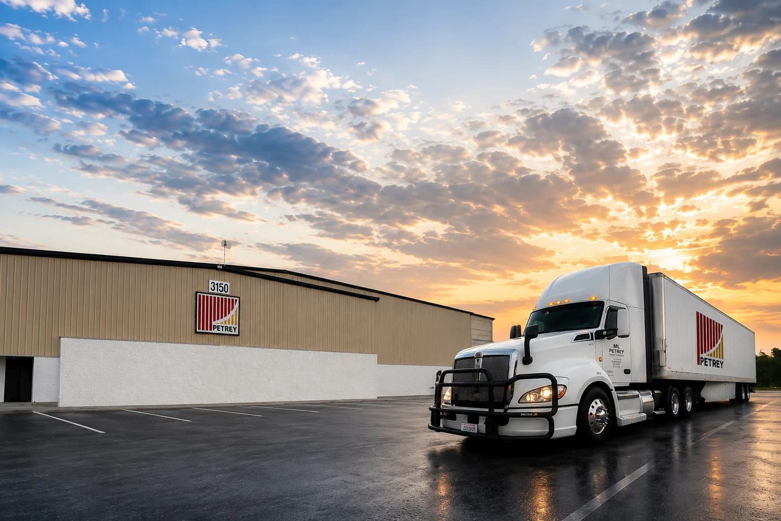 W.L. Petrey warehouse and delivery truck at sunset